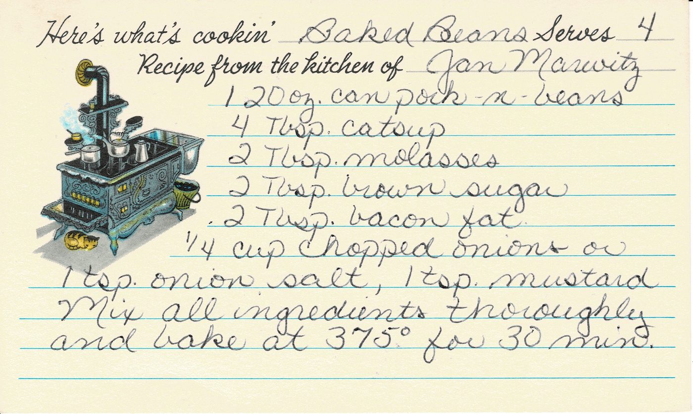 Handwritten recipe card for Baked Beans, front side