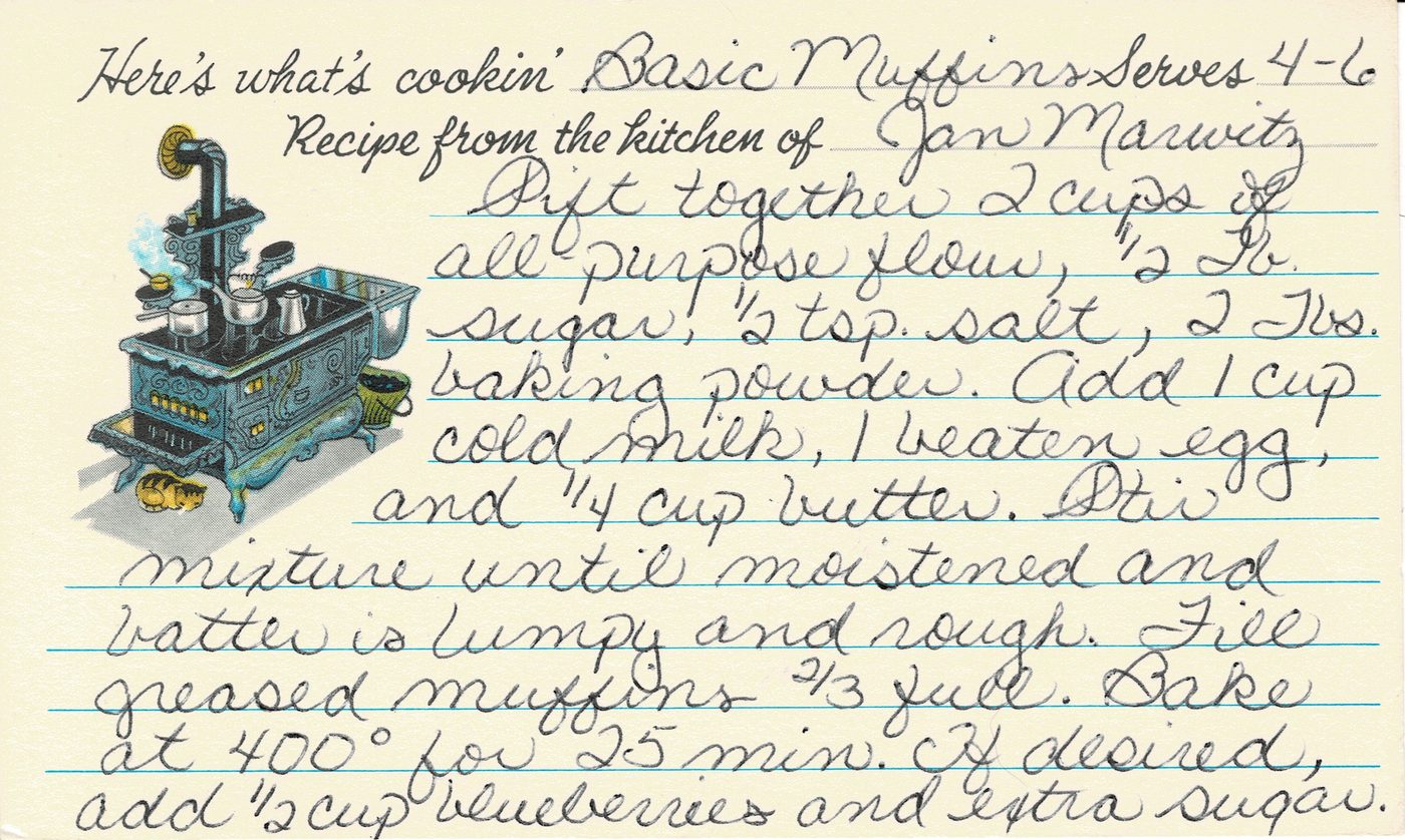 Handwritten recipe card for Basic Muffins, front side