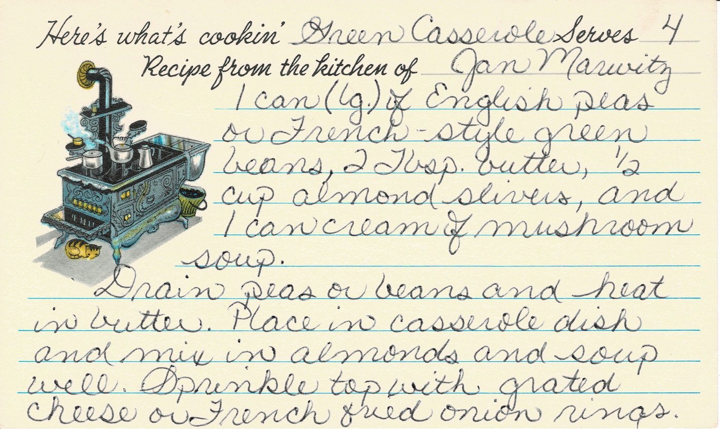 Handwritten recipe card for Green Casserole, front side