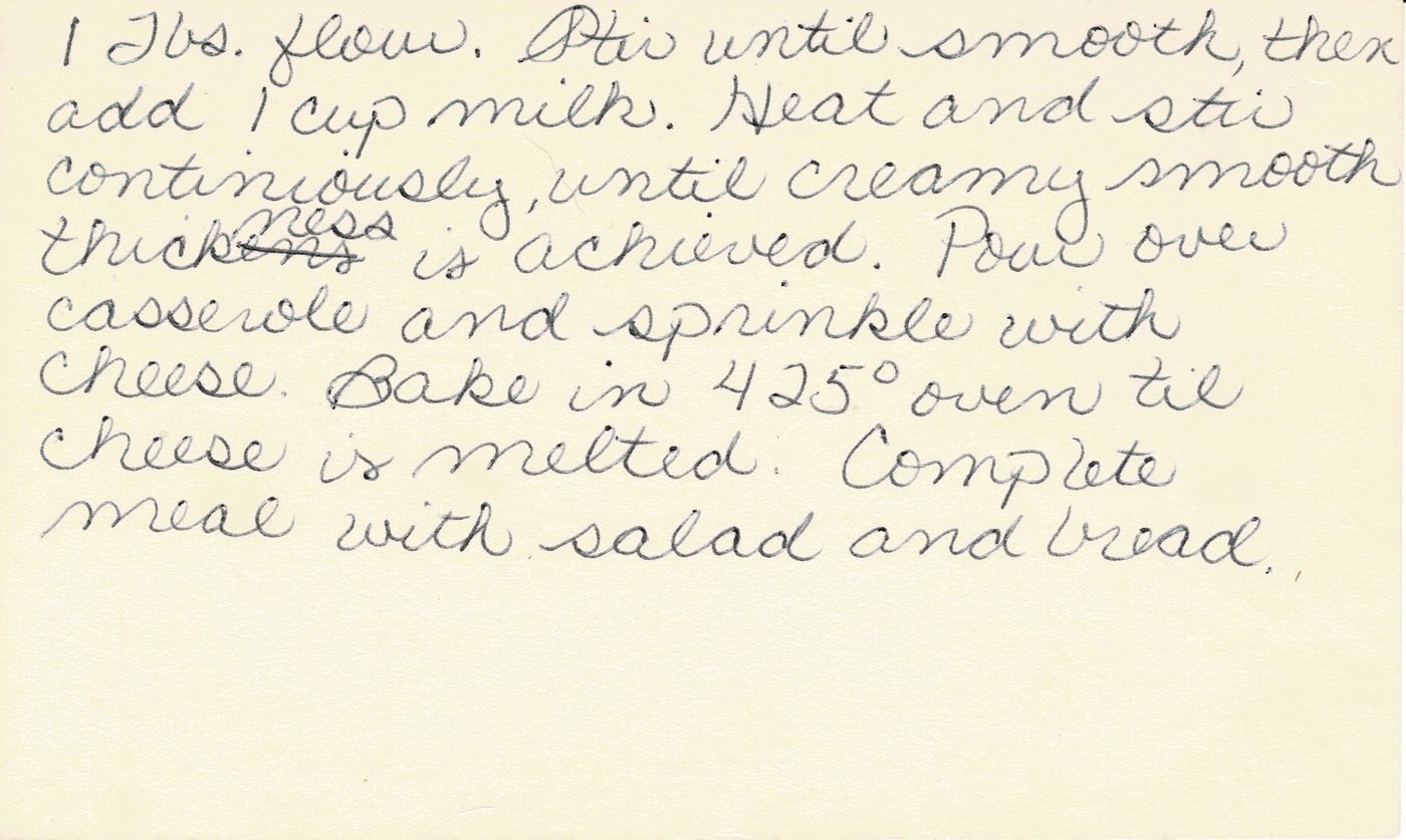 Handwritten recipe card for Ham Pie, back side