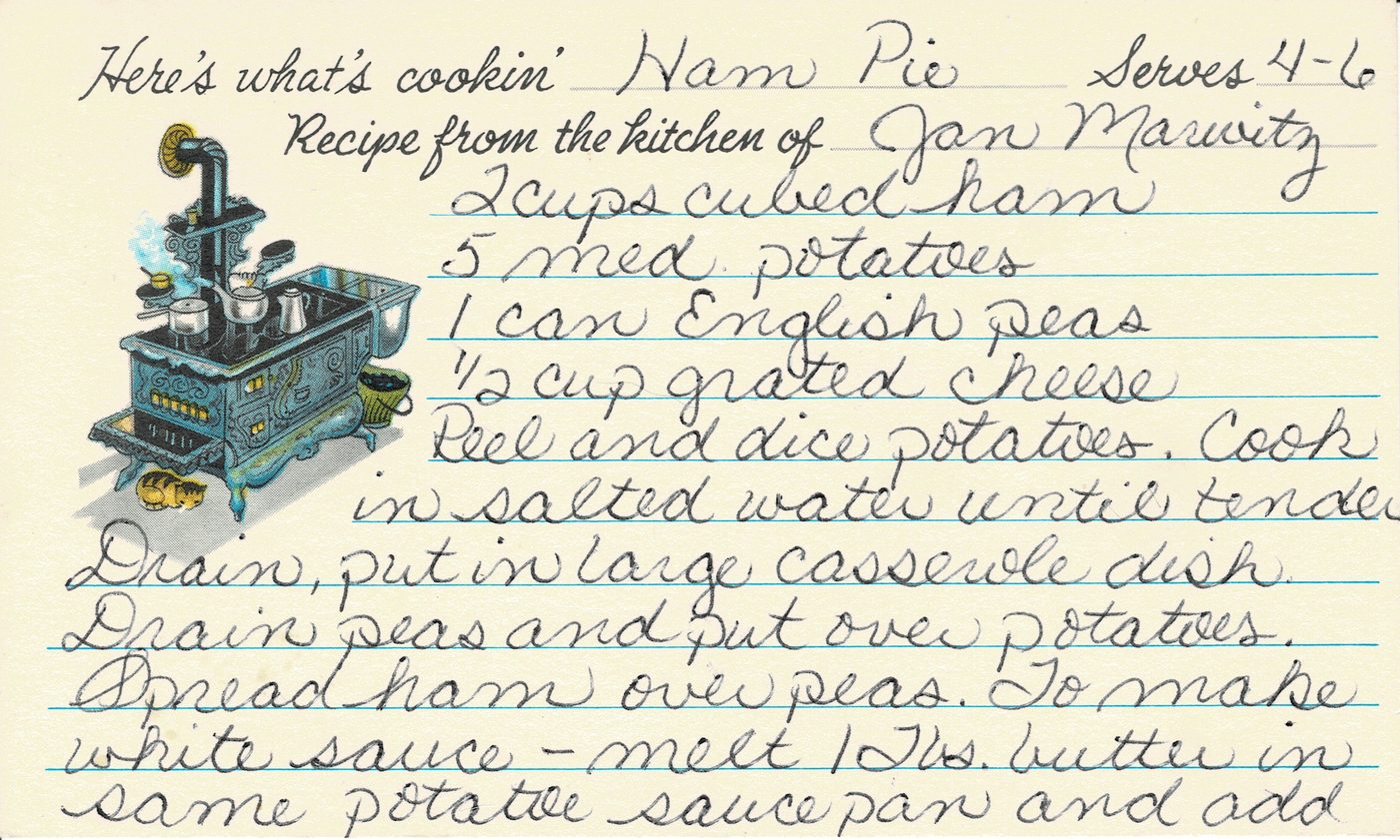 Handwritten recipe card for Ham Pie, front side