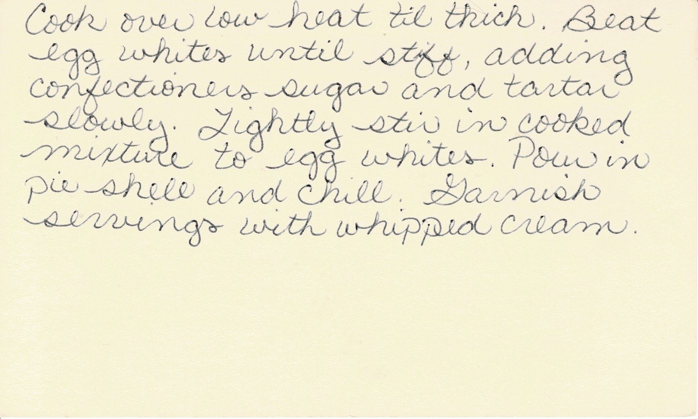 Handwritten recipe card for Lemon Chiffon Pie, back side