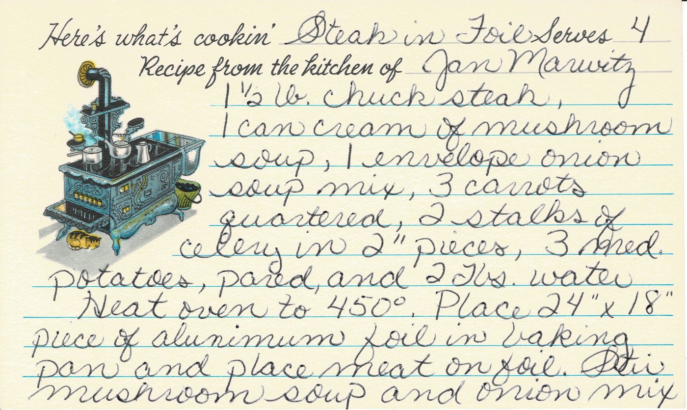 Handwritten recipe card for Steak in Foil, front side