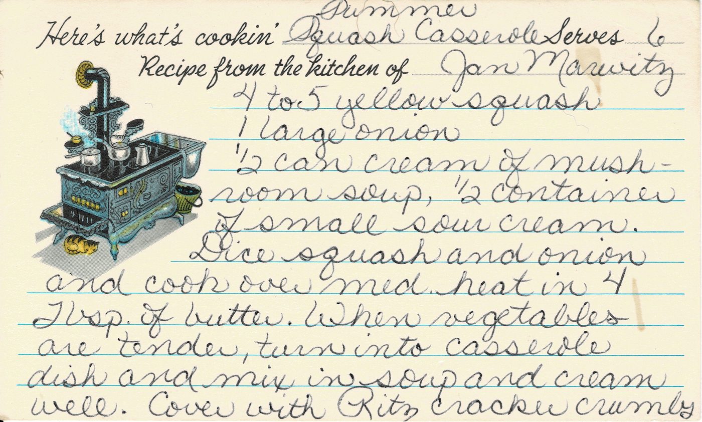 Handwritten recipe card for Summer Squash Casserole, front side